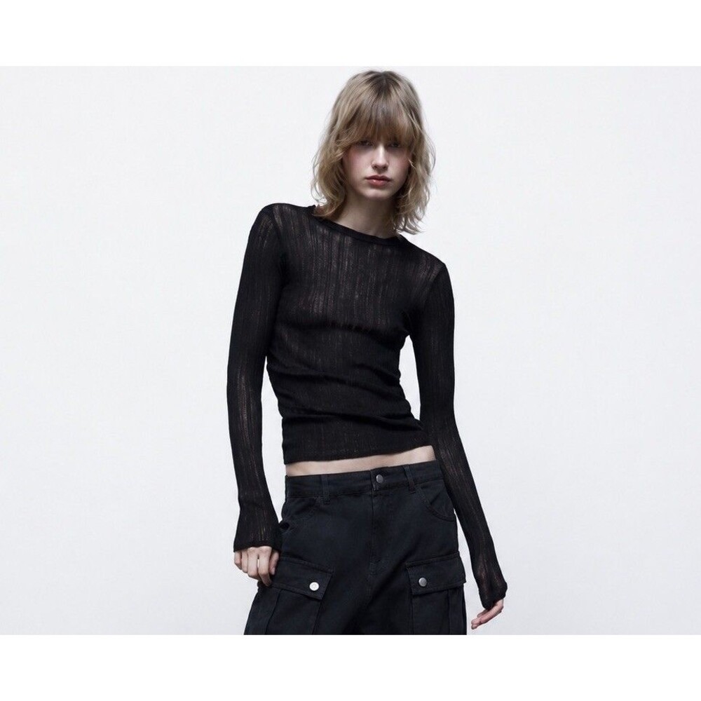 Zara Ribbed T-Shirt Sheer Black Long Sleeve Size M